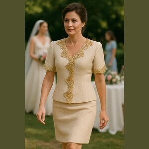 2PC RICKI FREEMAN TJ EVENING CREAM & GOLD & SEQUIN SHORT SLEEVE JACKET & SKIRT 8